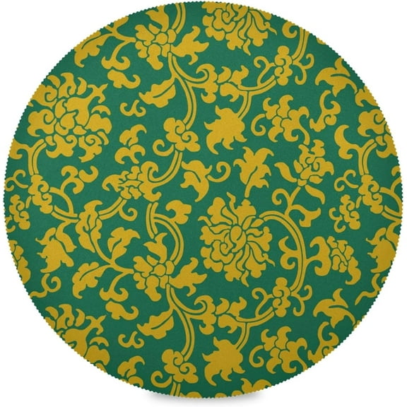 48"X 48" Vintage Green Pattern Yellow Leaf Elastic Fitted Edged Round Tablecloth Fade Resistant Anti-Shrink Table Cloth Washable Table Cover for Banquet Home Indoor or Outdoor