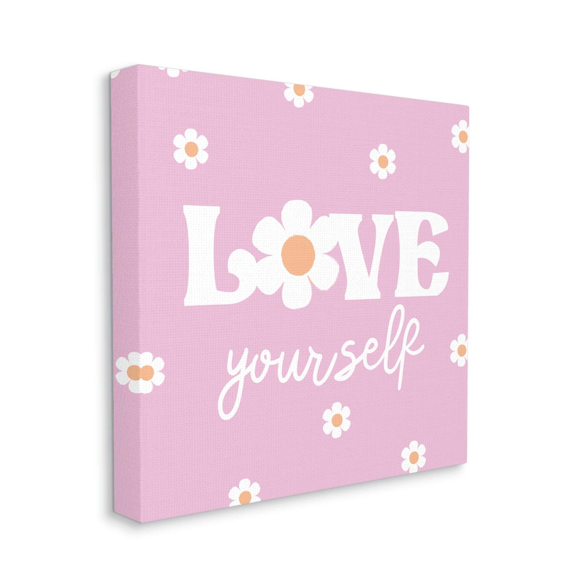 Stupell Industries Love Yourself Pink Daisies Phrase Inspirational Painting Gallery Wrapped Canvas Print Wall Art