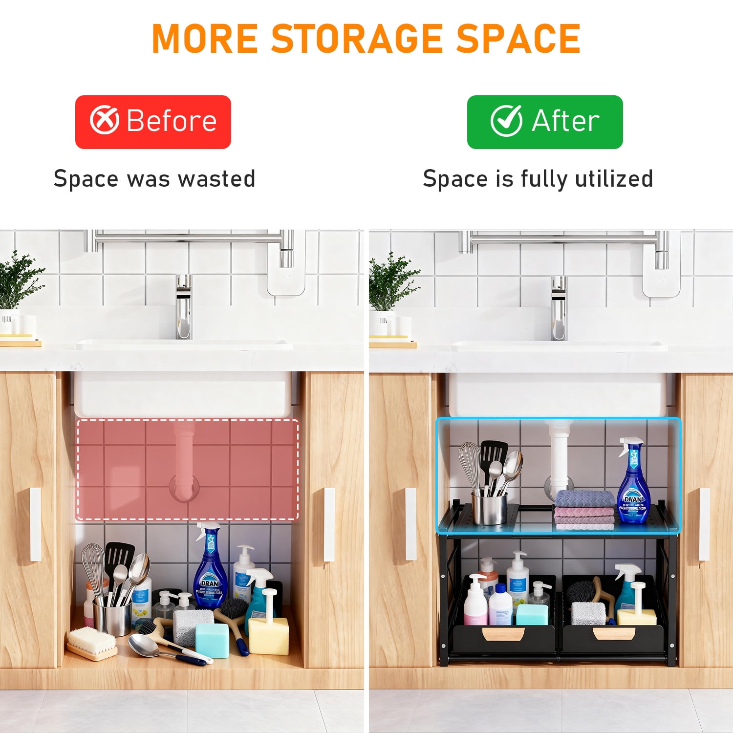 2 Tier Under Sink Organizer and Storage, Expandable Length 21.5"-31.8", Height Adjustable, 2 Sliding Drawers & Movable Top Shelves, for Bathroom & Kitchen, Black