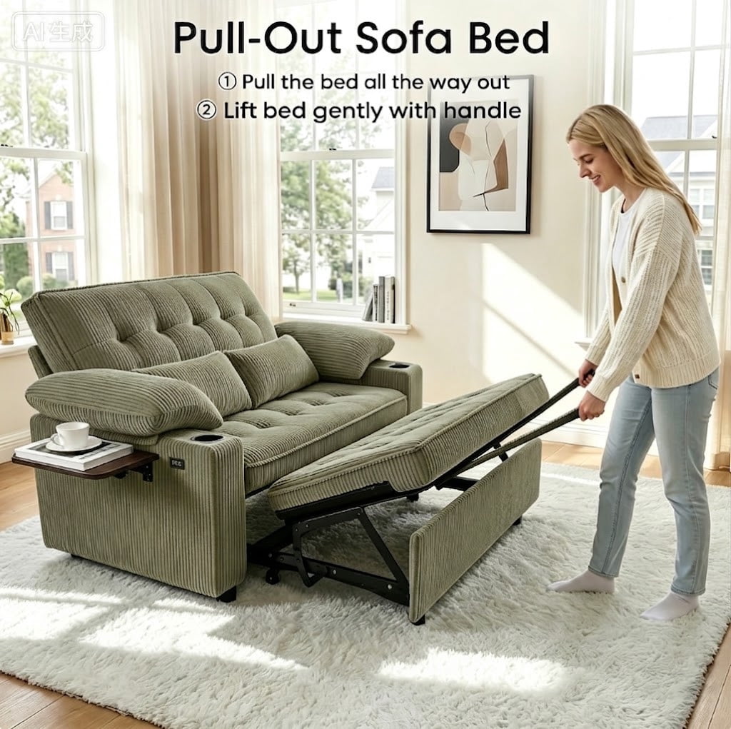 58" Sleeper Sofa Bed, Full Size Pull Out Couch, Convertible Loveseat Sofa with 5-Level Adjustable Backrest, USB Charging Ports, Cup Holders & Foldable Side Table, for Living Room, Apartment & Office