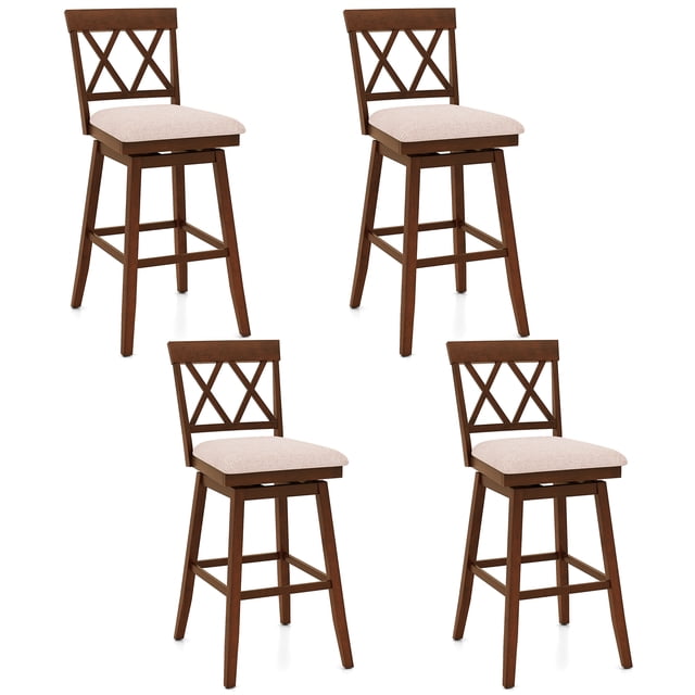 Costway 29" Bar Stool Wooden Chair Set of 4 with Contoured Backrest Swivel Padded Seat Oak