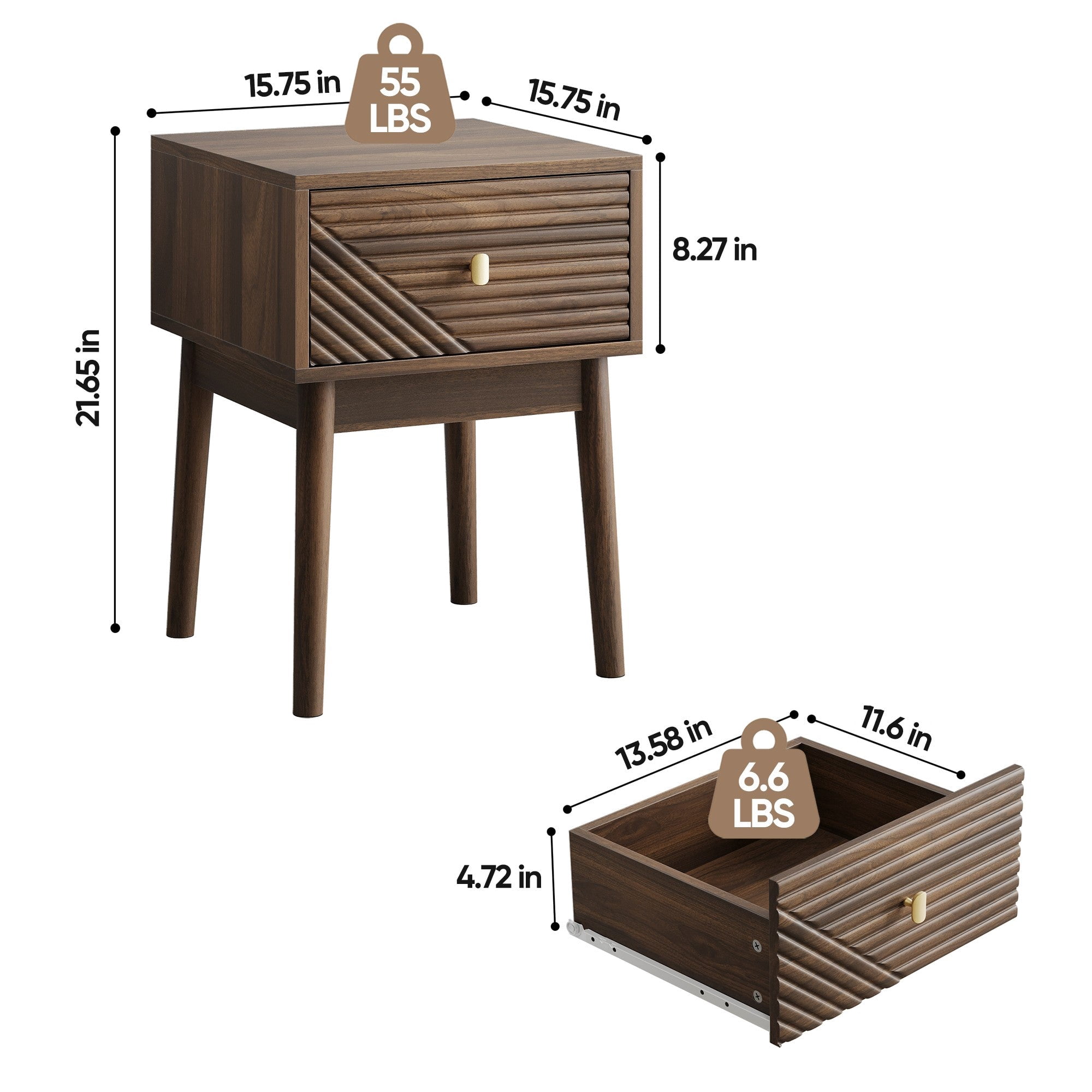 Sailvan Mid-Century Modern Walnut Bedside Table 2-Piece Set, with Metal Handles for Bedroom