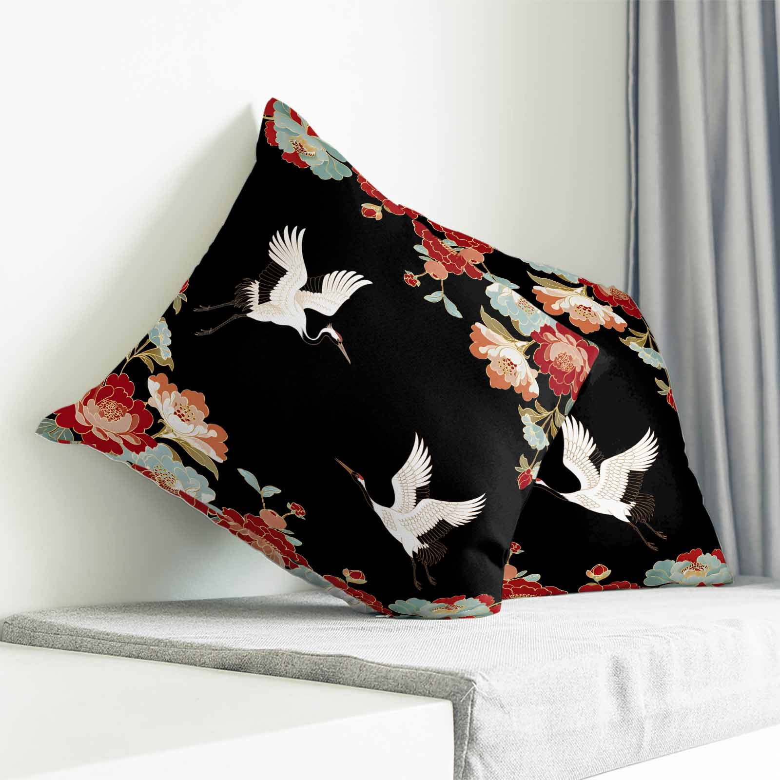 Throw Pillow Covers 26x26 Inch, Black Crane Decorative Pillow Cases for Couch Sofa Bed, Vintage Red Teal Spring Floral Botanical Cotton Linen Square Home Decor Pillowcases with Hidden Zipper