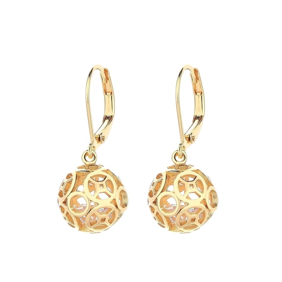 14K Gold Plated Filigree Ball Leverback Drop Earrings
