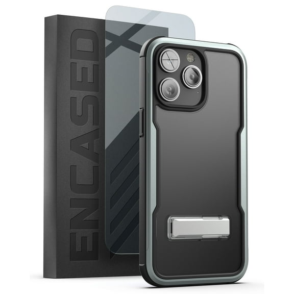 Encased Aluminum Armor Kickstand Case Designed for iPhone 14 Pro Max - with Metal Stand and Screen Protector (Retail Packaging) - Gray