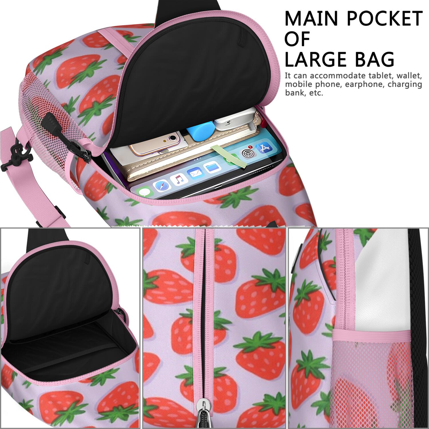 Travel Sling Bag Trendy Sling Backpack Strawberry Gym Sports Travel Hiking Daypack Chest Bag Small Backpack for Women Men