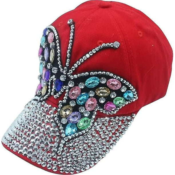 Gorra de béisbol para mujer, gorra con cierre trasero de mariposa, sombreros para el sol con diamantes de imitación, sombrero de mezclilla ajustable, sombrero de sol de algodón brillante par