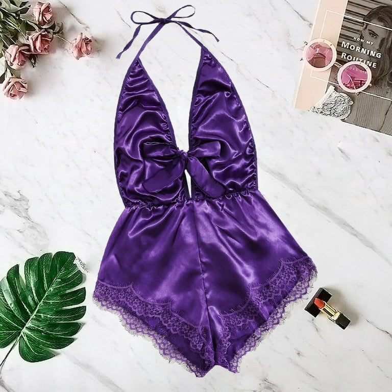 Zuwimk Lingerie For Women Naughty,Women Lingerie Satin Lace Chemise  Nightgown Full Slips Sleepwear Purple,S 