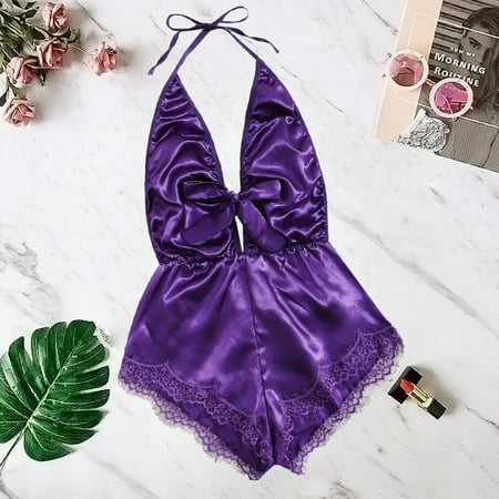 

Underwear Women Women V-Neck Lace Stain Bow Lingerie Bodysuit Sleepwear Pajamas Silk Jumpsuit Underwear
