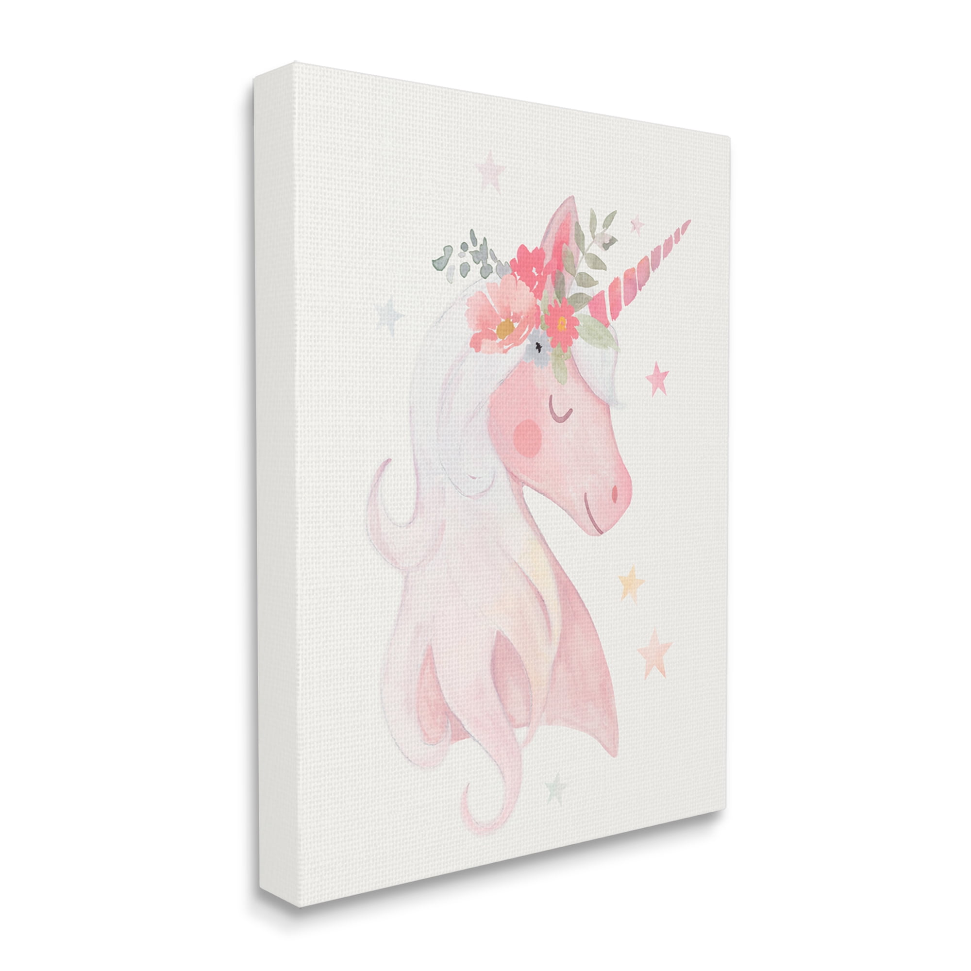 Stupell Industries Pastel Smiling Unicorn Pink Flower Blossom Crown Graphic Art Gallery Wrapped Canvas Print Wall Art, Design by Victoria Barnes