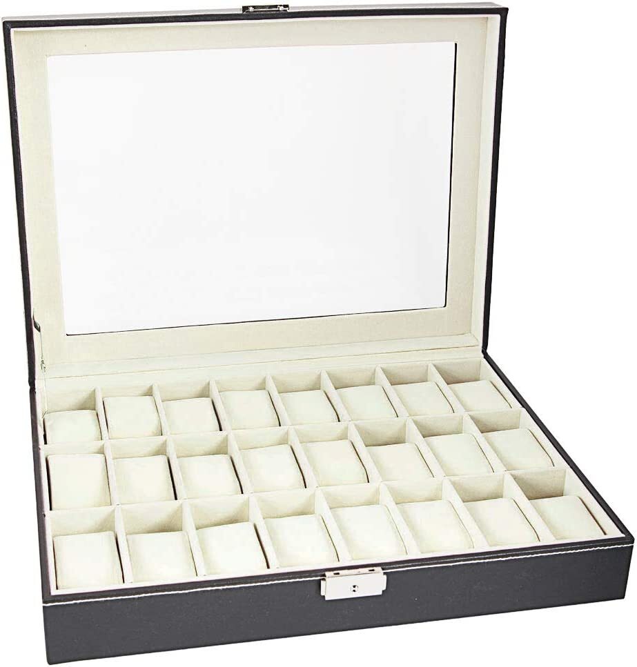 GoXteam Watch Box, 24Slot Watch Case with Large Glass Lid, Removable