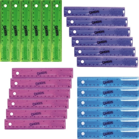 Case of 24 - Colorific Plastic Ruler - 6" Includes Transparent Color - Blue, Green, Pink, Purple)