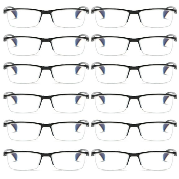 12 PK Mens Reading Glasses Readers - Rectangular Half-Frame - Lightweight & Spring Hinge - Block Harmful Blue Light 0.75