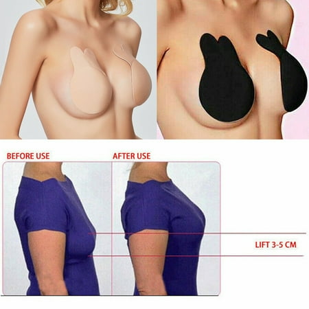 Rabbit Ear Self Adhesive Invisible Bra Breast Lift Up Strapless Nipple Covers Backless Push Up Bra (Black,Nude,A-F Cups) Black