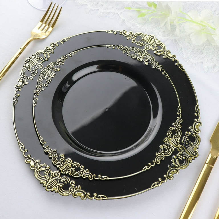 10 Pack Black And Gold Brush Stroked Round Plastic Dessert Plates,  Disposable Appetizer Salad Party Plates 7