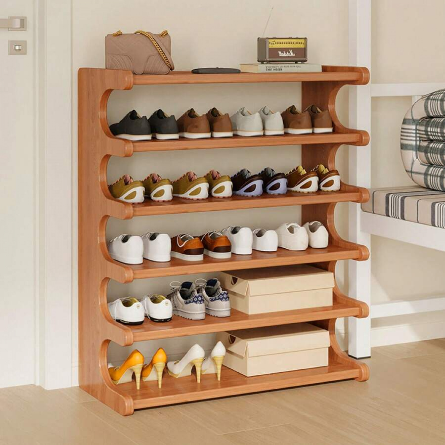 1PCS5 Tier Shoe Rack, Shoe Organizer, Shoe Rack Storage Box, Bamboo Shoe Rack, Wooden Shoe Organizer, Shoe Tower For Organizing And Storing Up To 18 Pairs Of Shoes