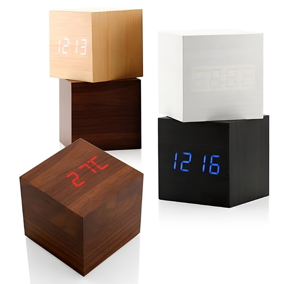 GJX Modern Wooden Cube Digital LED Thermometer Timer Calendar Desk Alarm Clock