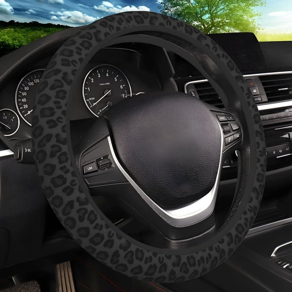 Black Leopard Print Cheetah Elastic Steering Wheel Cover, Non-Slip Breathable Neoprene Steering Wheel Covers, Women Leopard Car Accessories, Universal 15 Inch Fit Auto, SUVs, Truck