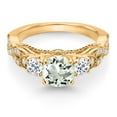 thumbnail image 2 of Gem Stone King 18K Yellow Gold Plated Silver Green Prasiolite White Topaz and White Moissanite Engagement Ring for Women (1.35 Cttw, Gemstone, Round 6MM and 3MM, Size 5), 2 of 4