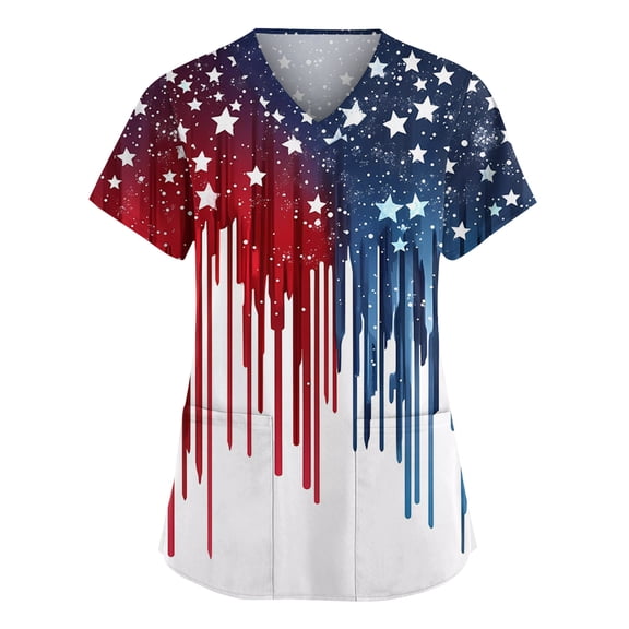 4th Of July Scrub Tops for Women Casual V Neck Short Sleeve Scrub Shirt Patriotic Flag Scrub Shirts