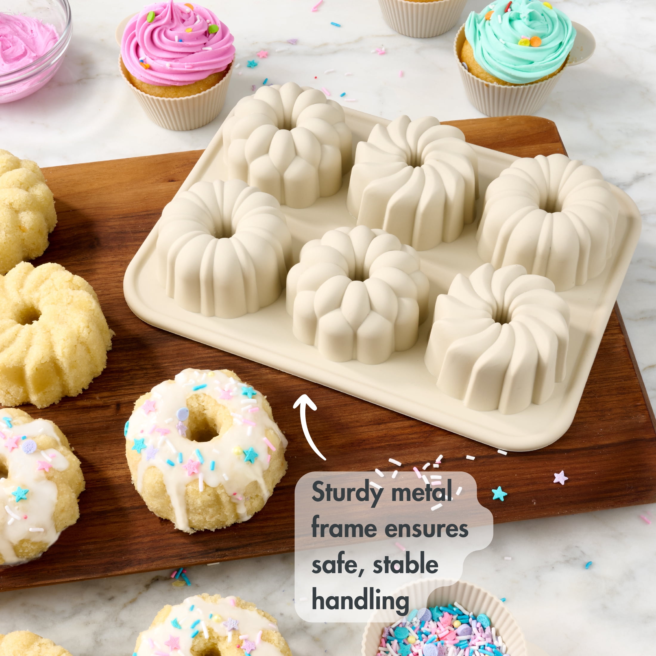 Mainstays Silicone Fluted Mini Cakelet Pan with 6 Cavities, Beige