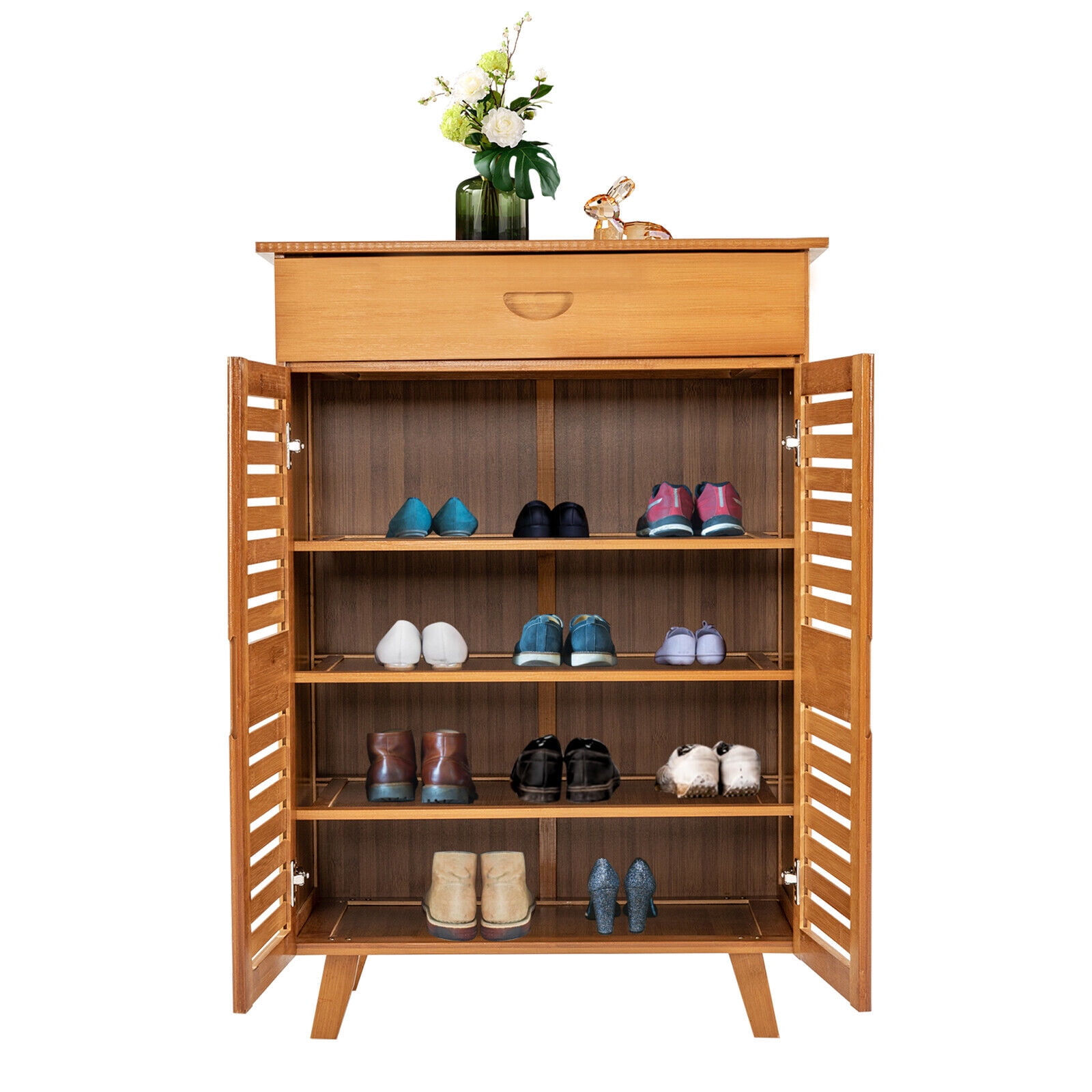 4 Tier Bamboo Shoe Storage Cabinet Shoe Organizer Shoe Rack with Door Drawer
