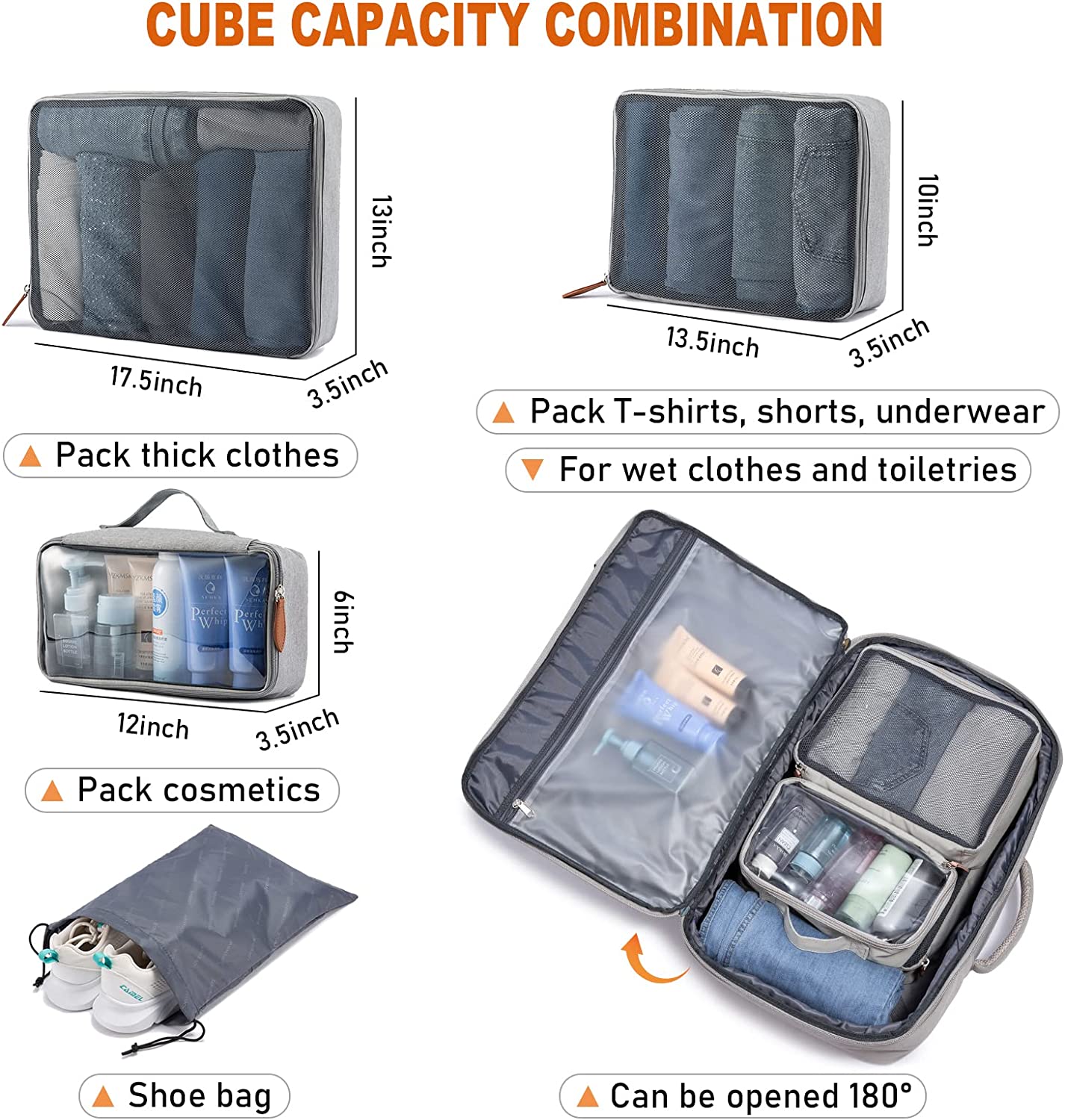 LOVEVOOK College School Backpack Men Women, 40L Expandable Carry On Luggage Set Airline Approved, Large Waterproof Suitcase Weekender Overnight Bag-Grey