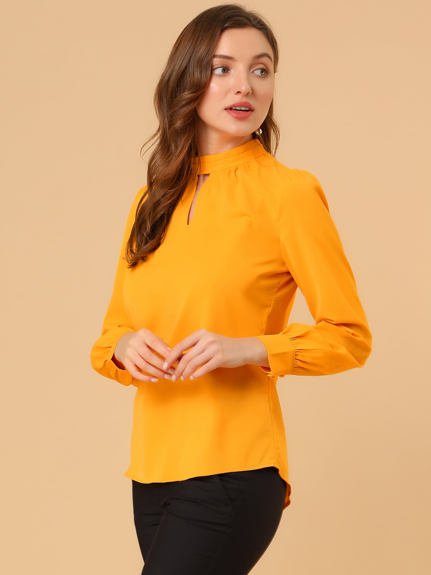 DARING DIVA Women's Stand Collar Long Sleeve Office Blouse 3XL Bright Yellow