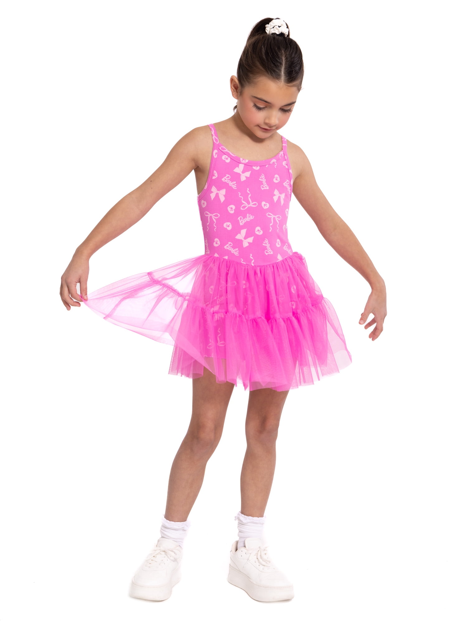 Barbie Girls Sleeveless Allover Print Tulle Romper, Sizes 4-12