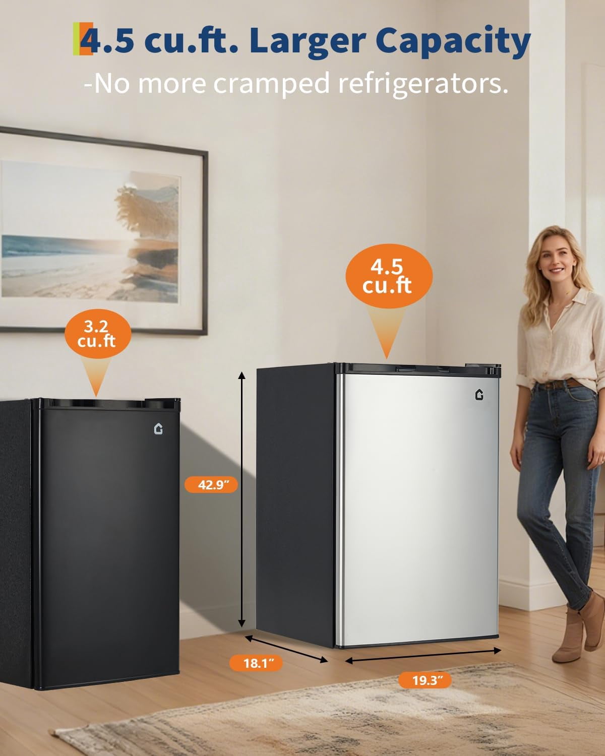 4.5 Cu.Ft Mini Fridge with Freezer, Low Noise< 38dB, Compact Refrigerator w/Reversible Door, Adjustable Thermostat Energy-Efficient, Small Fridge for Bedroom, Office, Dorm