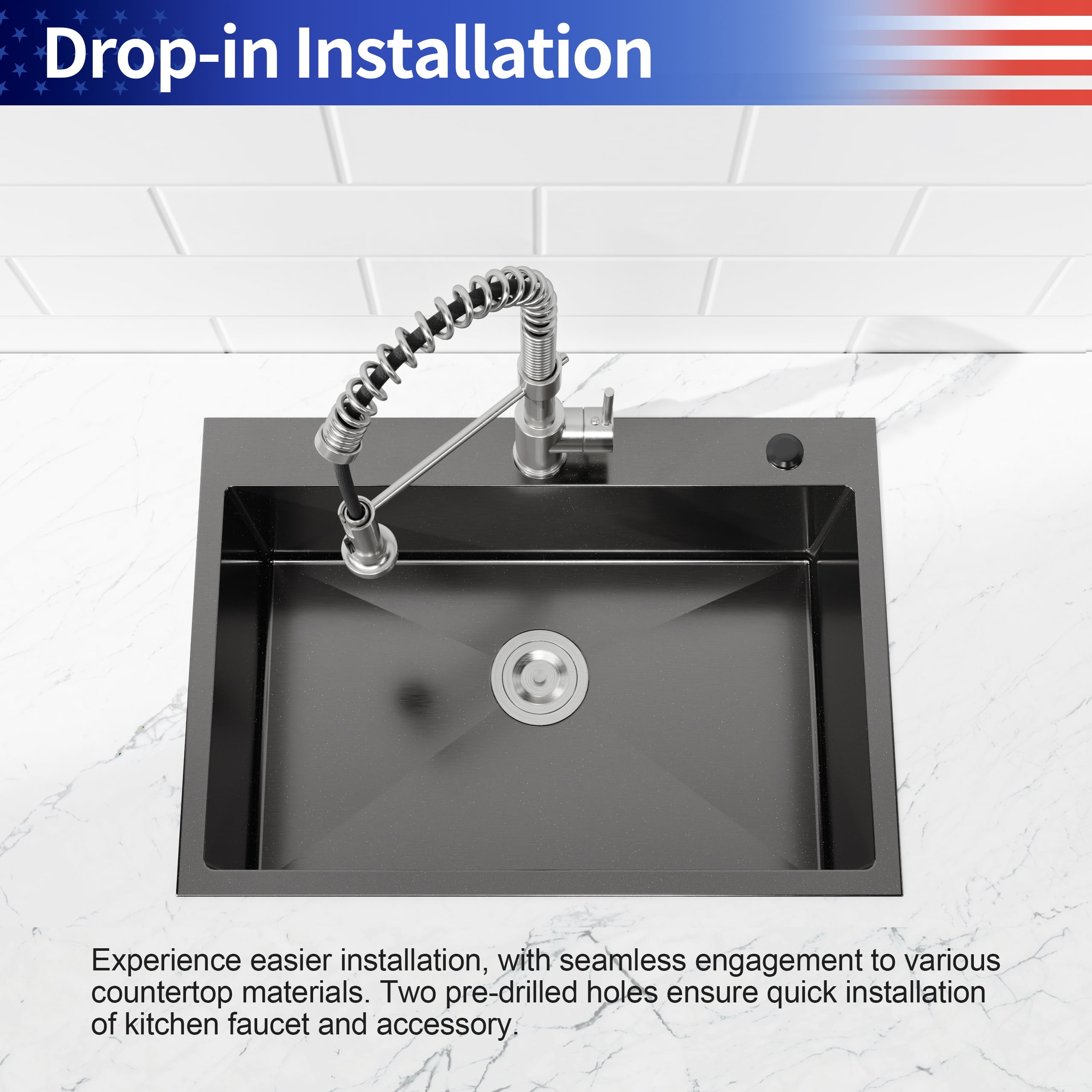 27-inx19-in Black Stainless Steel Drop-In Kitchen Sink-Single Bowl 16 Gauge Topmount Sink with US Drain And Hooks