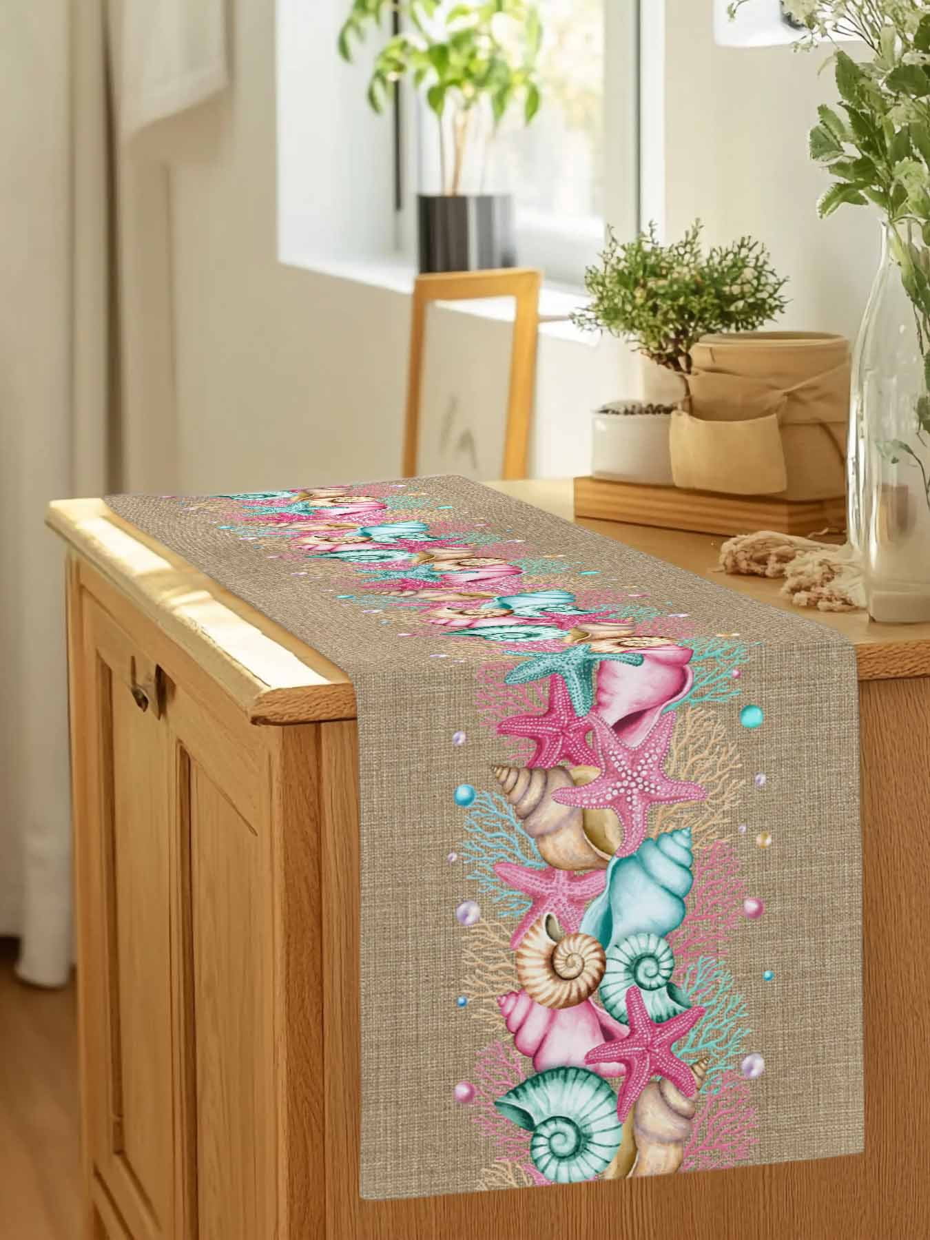 Summer Pink Table Runner, Starfish Shell Coral Beach Marine Life Brown Linen Washable Cotton-linen Table Runners Dining Kitchen Decoration for Everyday Home Wedding Party Decor, 13 x 90 Inch