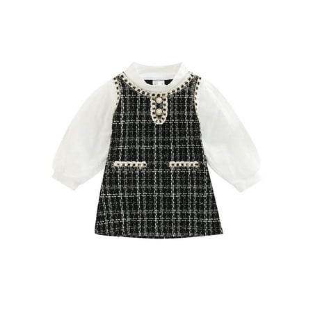 

Canrulo Toddler Baby Girls Elegant Princess Party Dress Fall Winter Puff Sleeve Plaid Print Pearl Gauze Pageant Dresses Black 1-2 Years