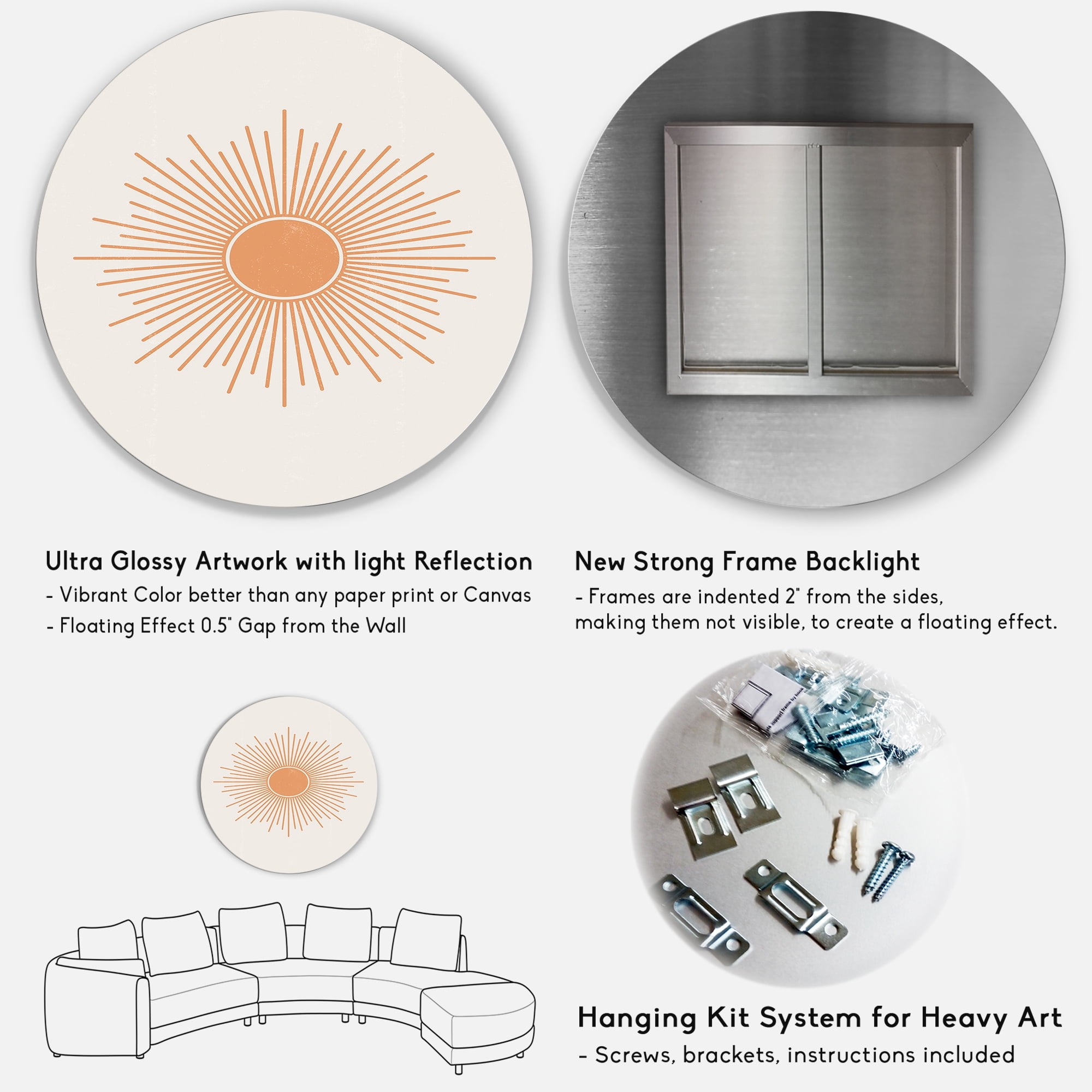 Designart 'Minimal Bright Shining Orange Sun Rays III' Modern Circle Metal Wall Art 11x11 - Disc of 11