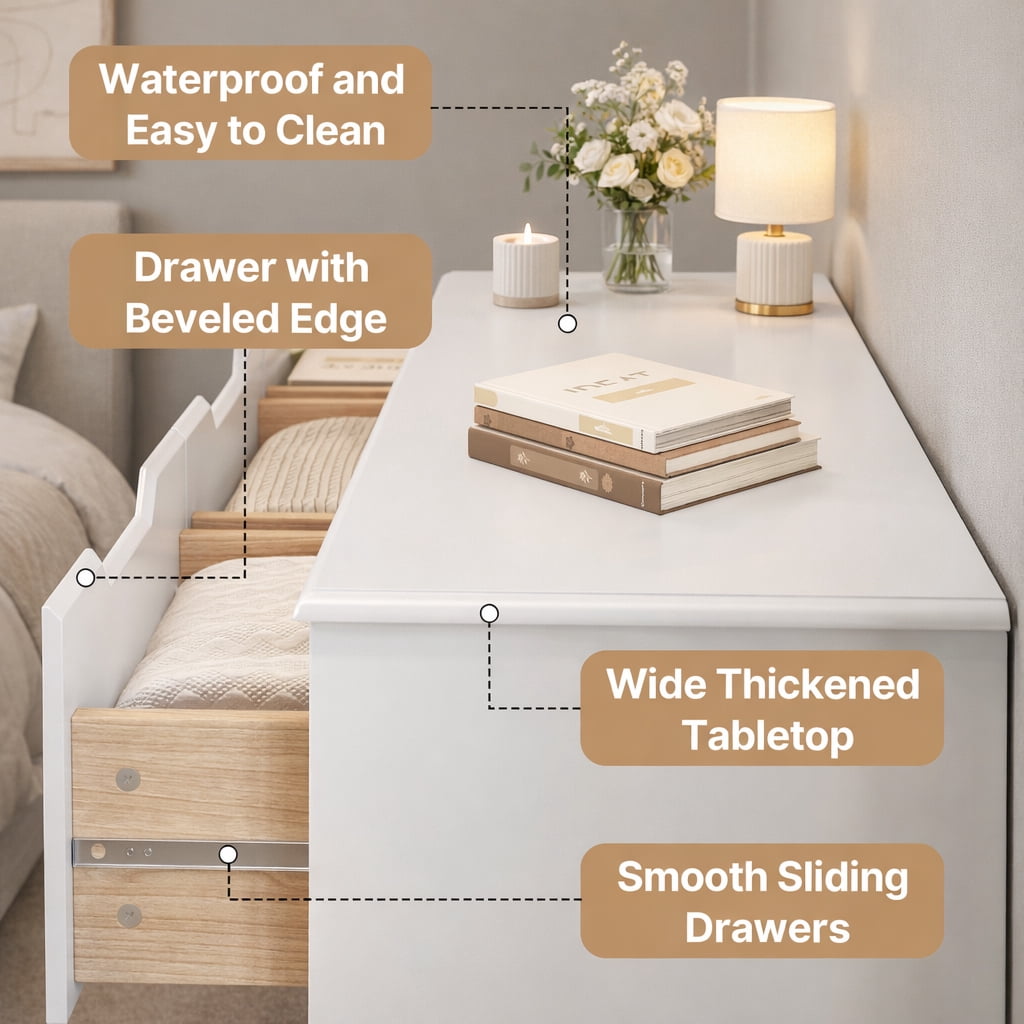 7-Drawer Dresser, 48" Handle-Free Modern Storage Chest - Engineered Wood Dresser for Bedroom, Living Room, Nursery & Entryway, White