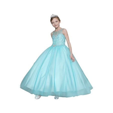 Multi Color Jeweled Flower - Little Girls Aqua Jeweled Bodice Embroidered Flower Girl Dress