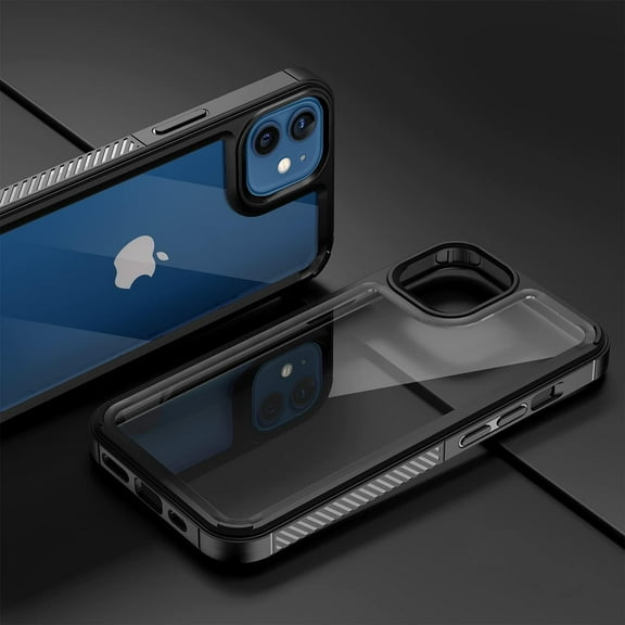 Case for iPhone 12 iPhone 12 Pro 6.1 inch, Transparent Slim Shockproof Hard PC Back Case with Soft Anti-Slip TPU Edge Anti-Scratch Non-Fingerprint Protector Ultra Thin Phone Cover - Black