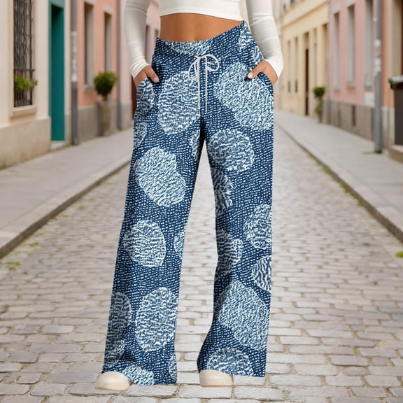 Maqroz Wide Leg Pants Women Plus Size Summer Floral Print Loose Flowy Lounge Trousers with Pockets Stretchy Drawsting Elastic Waisted Faux Denim Pants Causal Bottoms Sleep Pants Outdoor Navy M