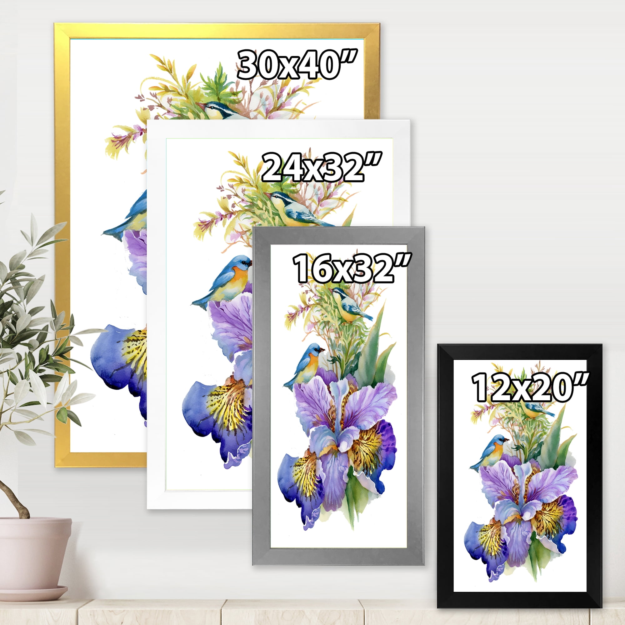 Designart 'Birds With Purple Iris' Traditional Framed Art Print
