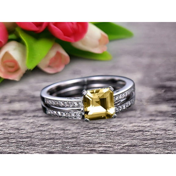 2.25 Carat 6mm Princess Cut Champagne Diamond Moissanite Engagement Ring Set 10k White Gold Stacking Matching Wedding Band