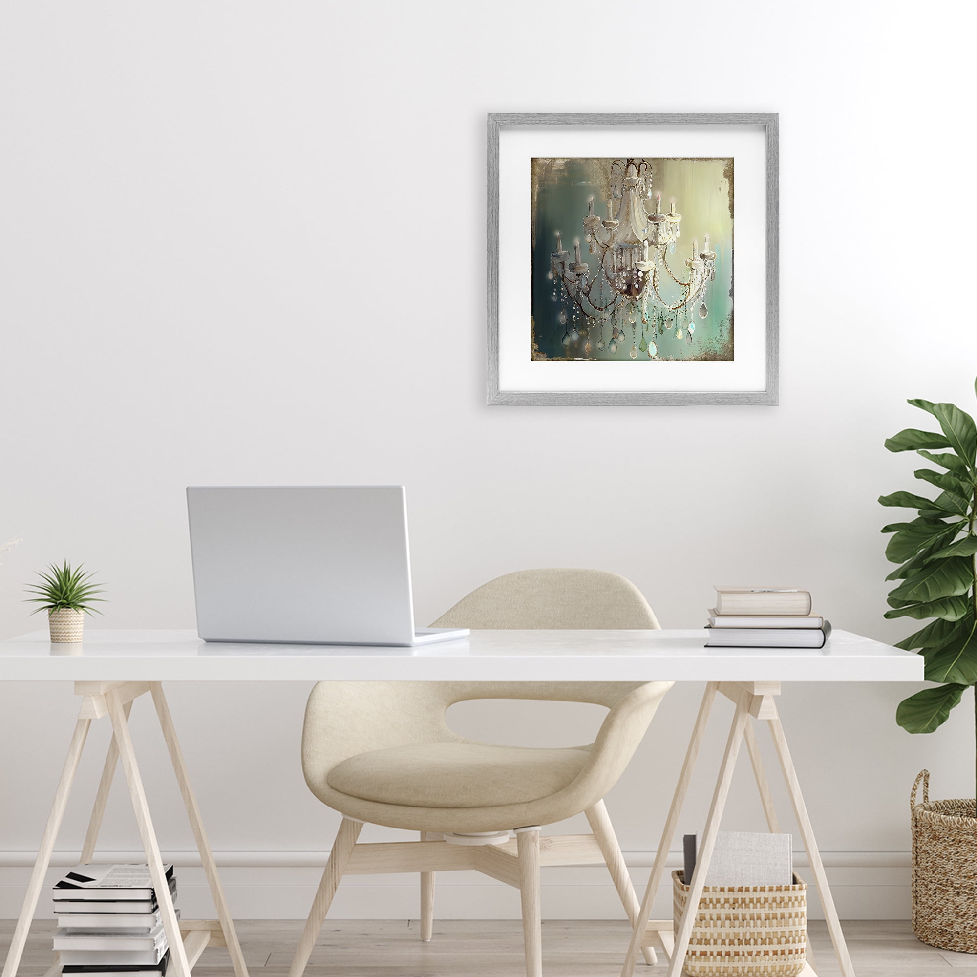 Vintage Illumine Chandelier Gray Framed Print Under Glass, design by Sasha