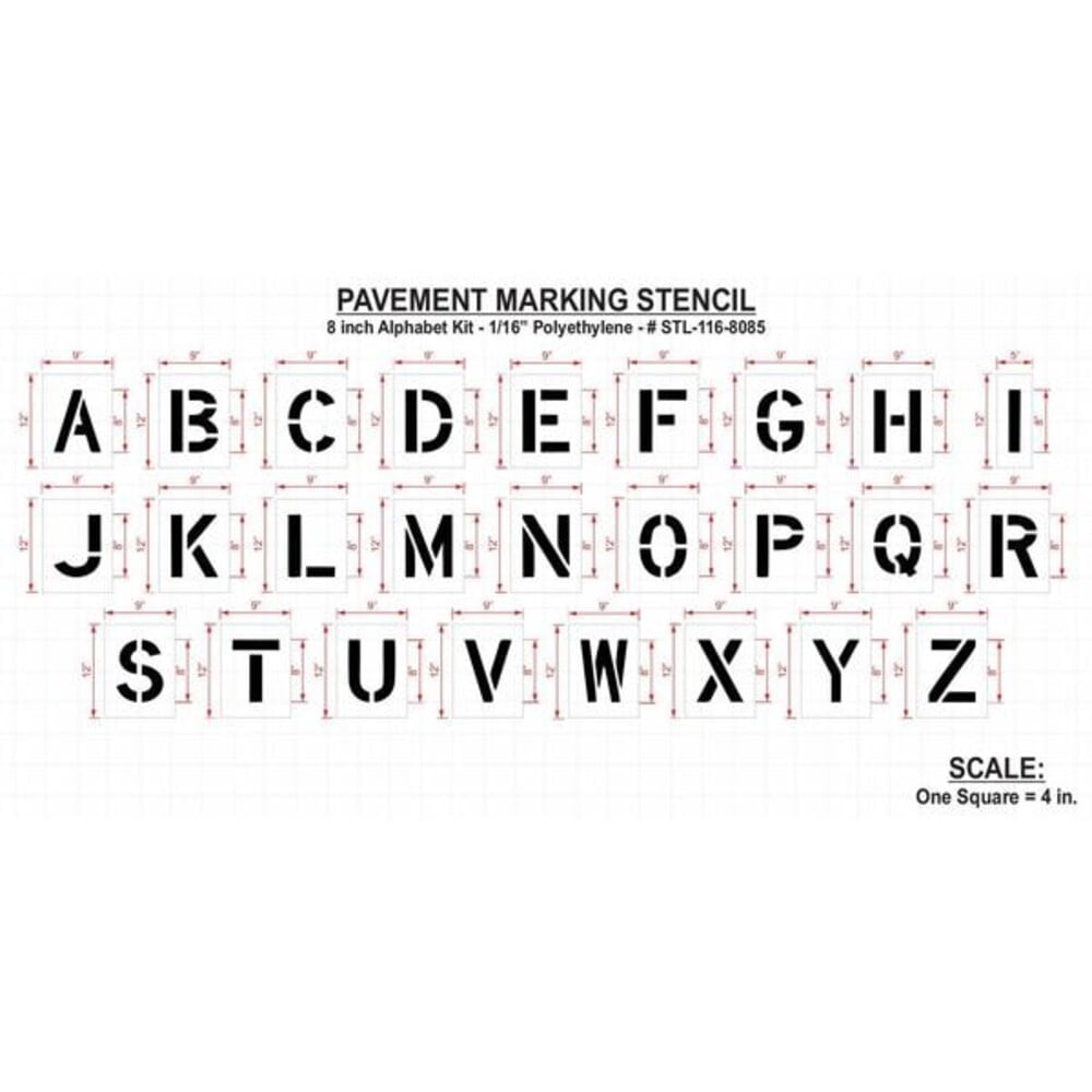 Pavement Stencil, Letter Set, A Thru Z, Blanks, 8 in Character Height, Highway Gothic Font, Clear