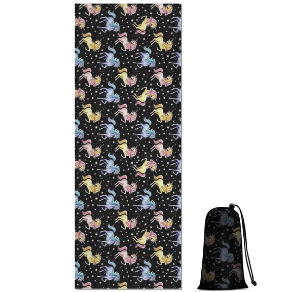Black Cartoon Colorful Unicorn Pattern Hot Yoga Mat Towel Non Slip for Hot Yoga - Quick-Drying Yoga Mat Cover with 4 Corner Pockets with Travel Bag - Hot Yoga Towel Non Slip 70"x26"