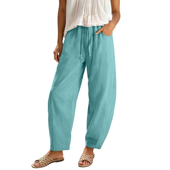 FINALGANG Womens Solid Color Barrel Pants With Drawstring Elastic High Waist Pockets For Casual Daily Wear Beach Vacations Summer Loungewear Mint Green