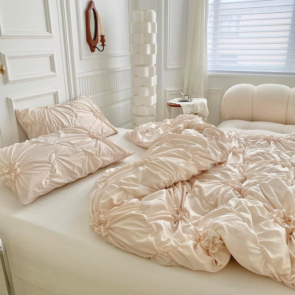Rustic French Style Textured Flower Pinch Pleated Beige Duvet Cover Set Solid Luxury Bedding Sets,King Size