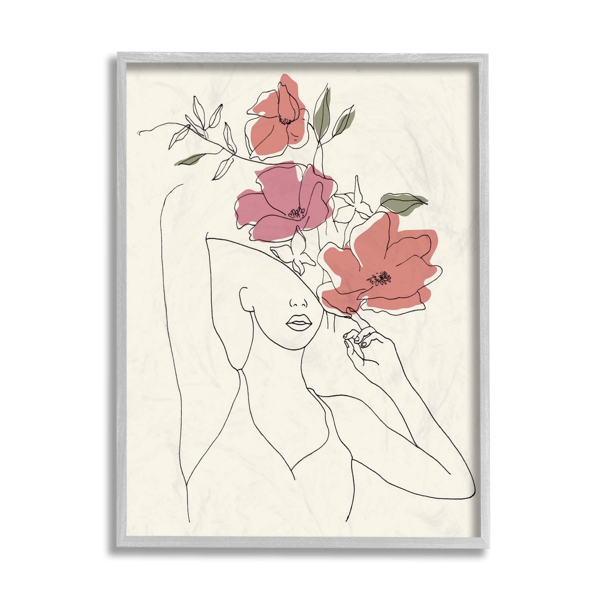 Stupell Industries Female Linework Portrait Blooming Floral Sketch Gray Framed by Melissa Wang