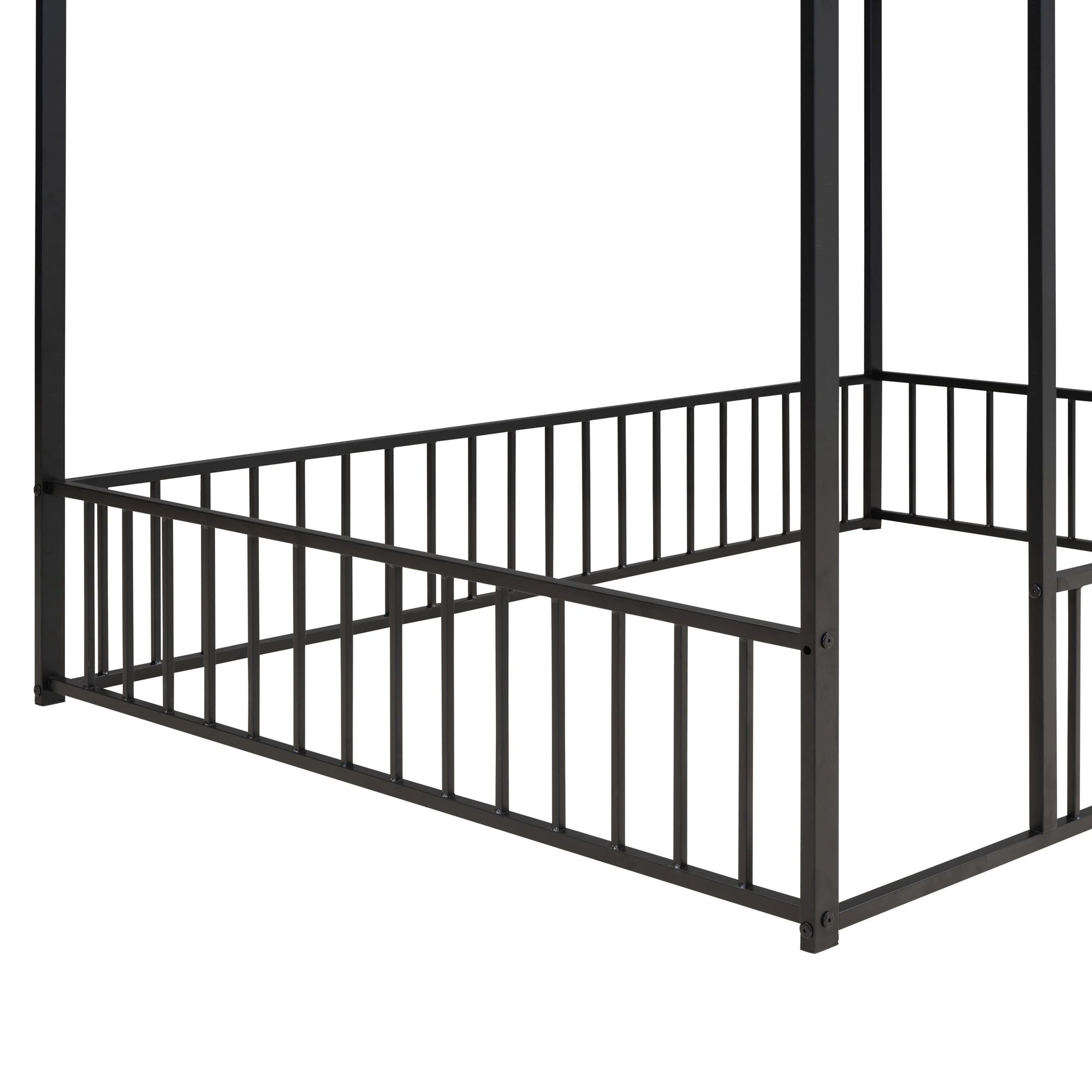 Gewnee Full Size Metal House Bed frame with Fence,Montessori Floor Bed for Toddler and Kids,Black