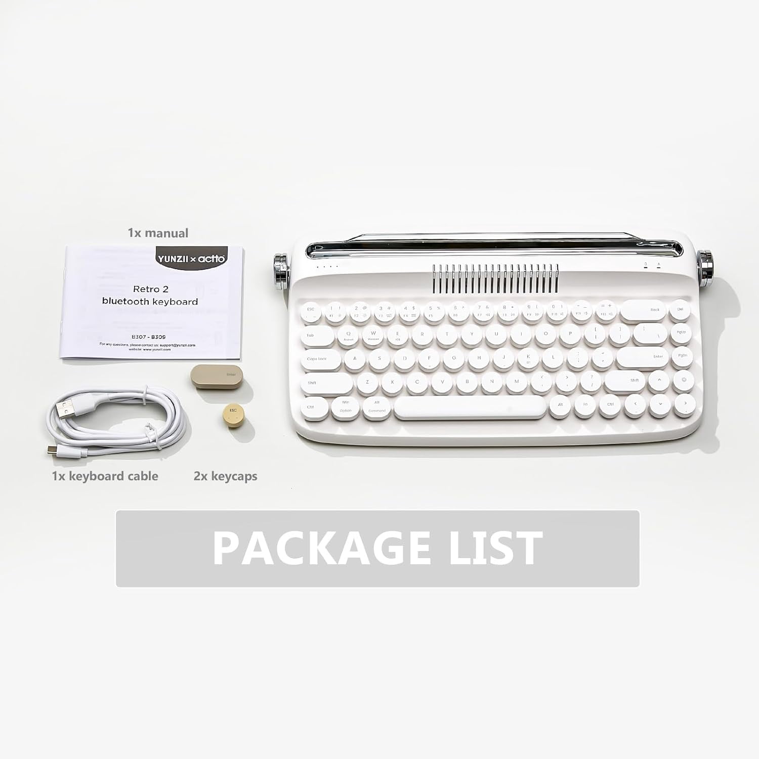 YUNZII Retro Wireless Typewriter Keyboard with Stand, USB-C/Bluetooth, Cute Round Keycaps,Stand for Table, Phone, PC and Win/Mac/Android,White