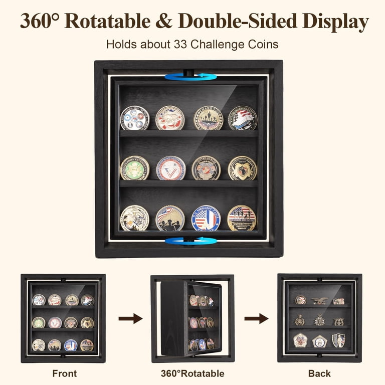 Sfugno Challenge Coin Display Wooden Rotatable Case Holds 33 Coins