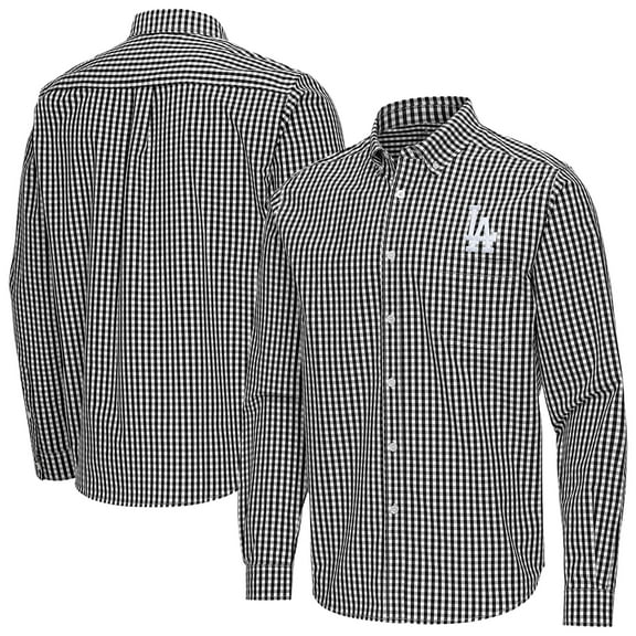 Men's Antigua Black Los Angeles Dodgers Ellis Woven Tri-Blend Button-Down Shirt